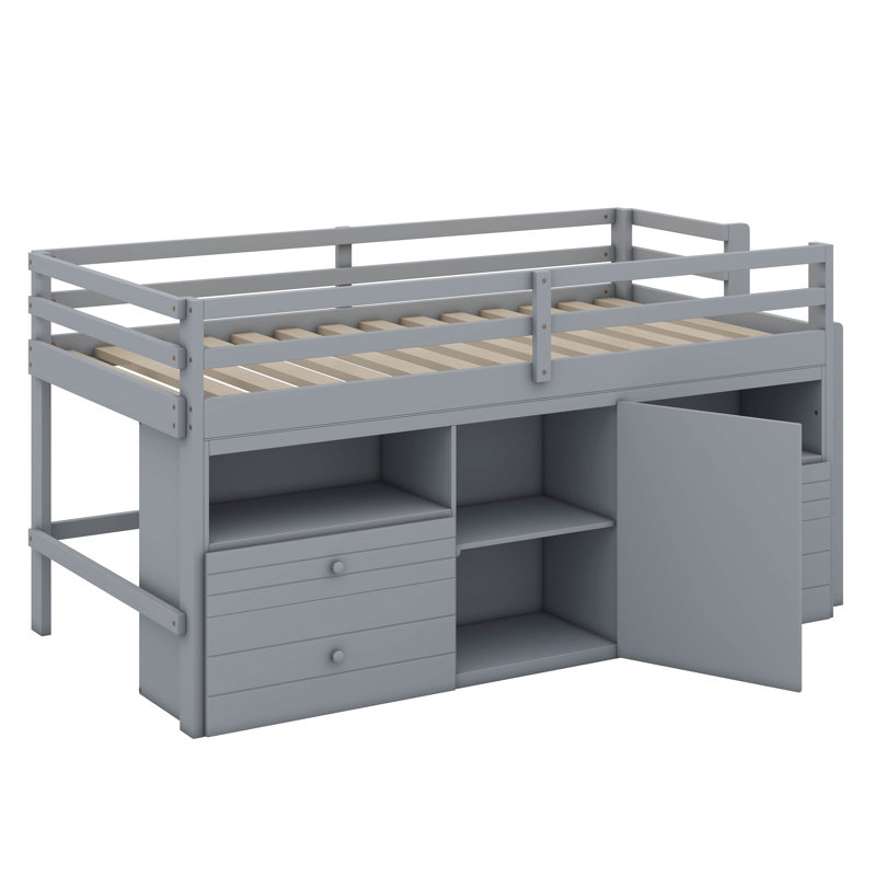 Lit mezzanine simple avec 4 tiroirs, sous l'armoire et les tablettes, gris