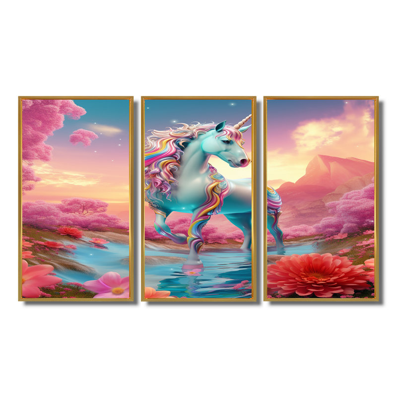 Ensemble de salon magique avec licorne blanche et fleur magique, Cadre flottant doré, H 40 po x l 60 po x P 1 po