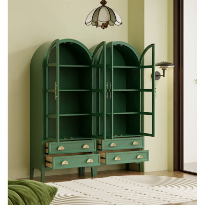 Bibliothèque moderne en bois d'hévéa avec portes en verre et tiroirs de rangement