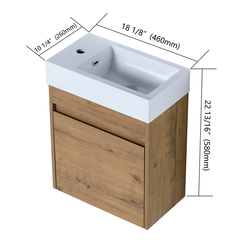 Meuble-lavabo flottant de 18 po avec lavabo en résine et porte à fermeture en douceur, valeur moderne, grand espace de rangement, robinetterie imitation chêne blanc,