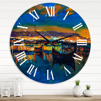 Two Little Boats In The VIllage Harbor - Nautical & Coastal wall clock