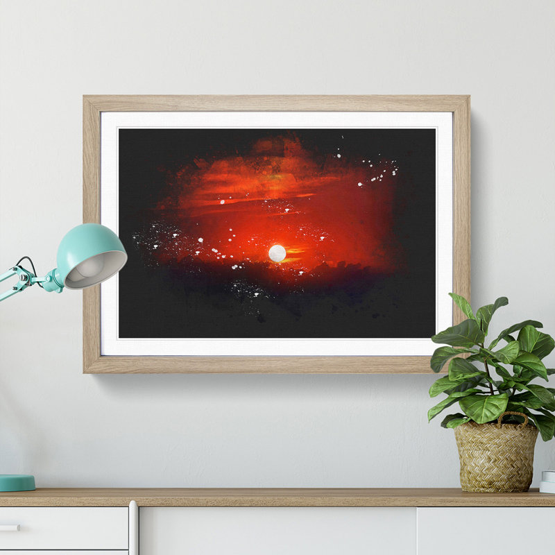 Deep Red Sunset In Italy Paint Splash - Framed Print, 45cm H x 63cm W x 2cm D, Oak Framed
