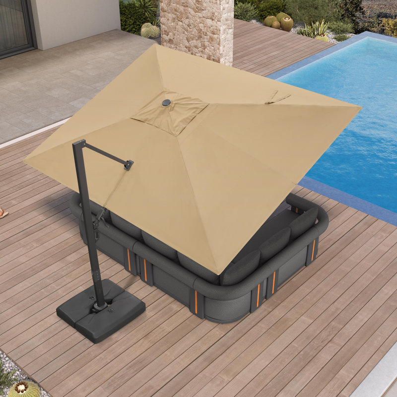 Grand parasol rectangulaire extérieur en porte-à-faux décalé en aluminium 120 po x 156 po avec base et rotation à 360 degrés