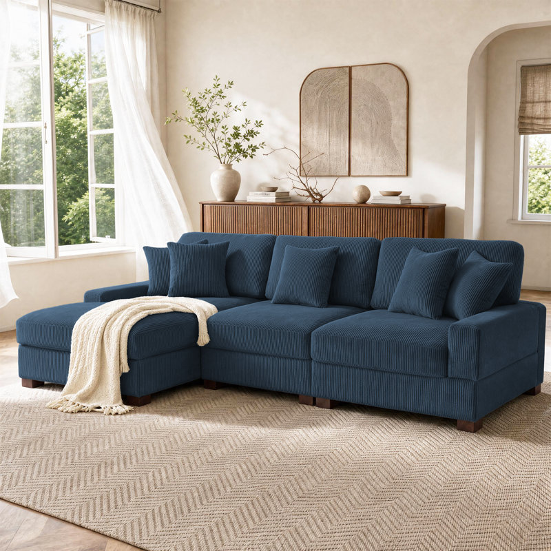 Milbrey 3-Piece Corduroy Modular Sectional with Loose Back, Left Hand Facing, Navy Corduroy