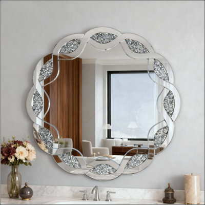 Round Wall Mirror,Wave Frame Decorative Mirror For Living Room, Bathroom, Bedroom, Hallway, Heavy Duty Frame With 2 Hangers