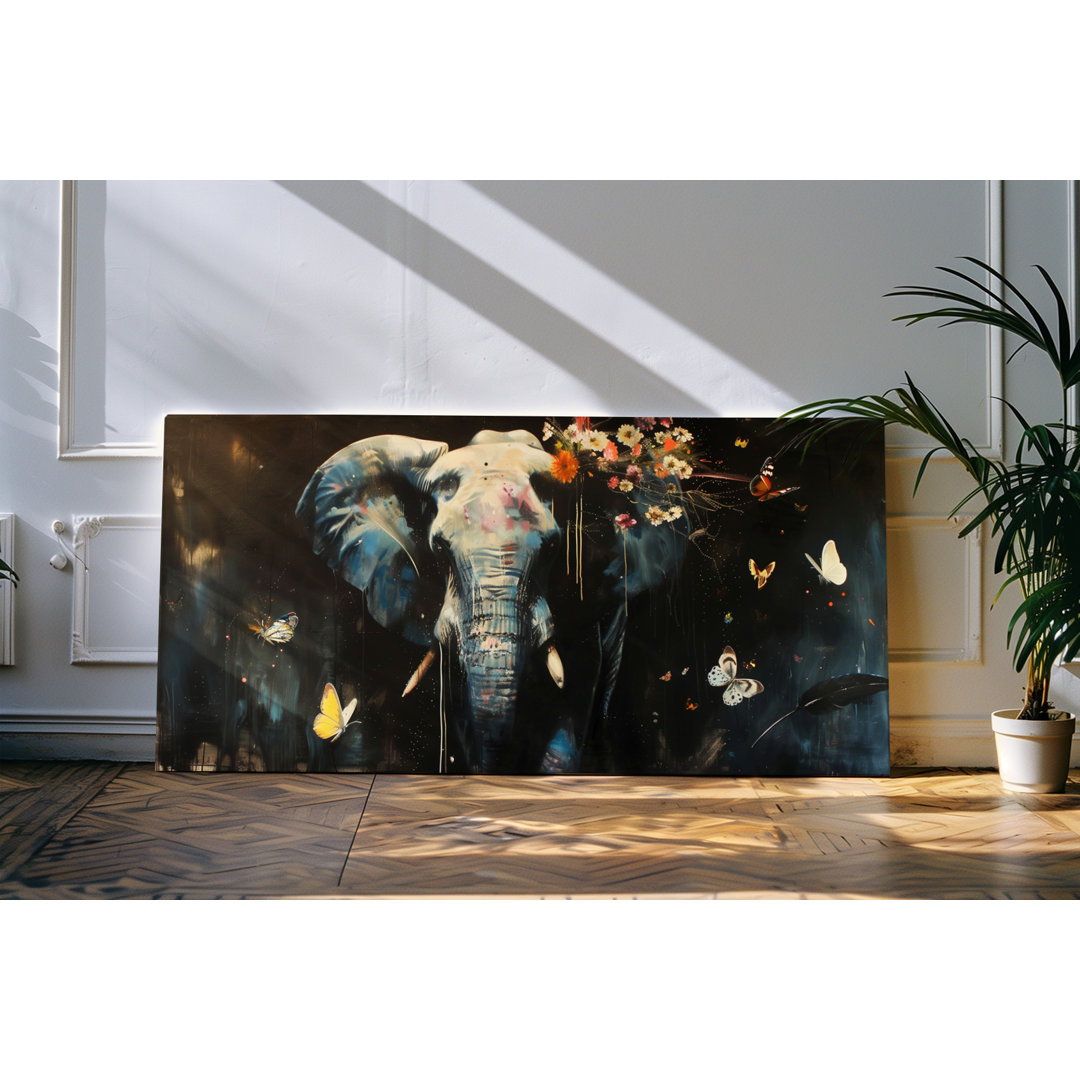 Wandbild 120x60cm Elefant dunkle Farben Kunstwerk Blumen Schmetterlinge