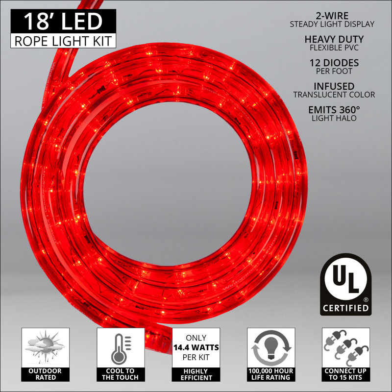 18FT 216 Light End-to-End Connectable LED Rope Lights, Red