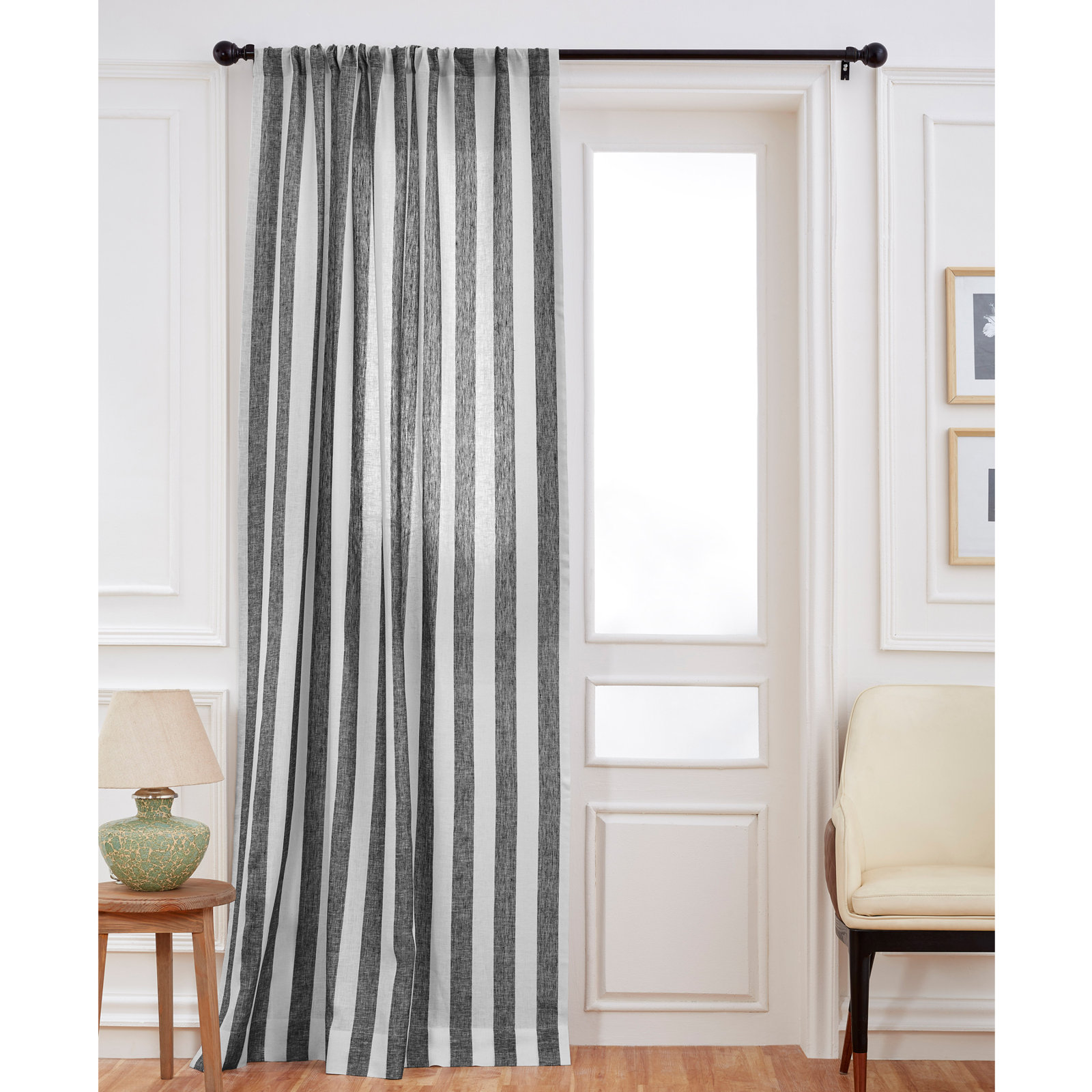 Striped Pure Linen Semi-Sheer Curtain Panel, Black and White, 52" W x 96" L