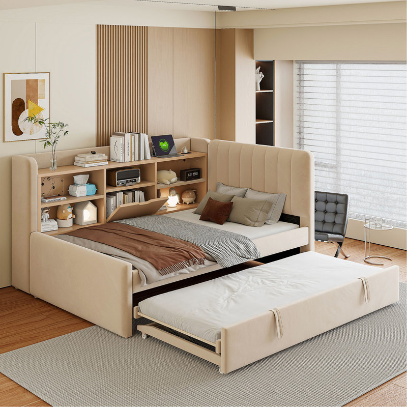 Lit de jour simple tapissier avec couchette, tablettes de rangement, USB et prise de courant (beige)