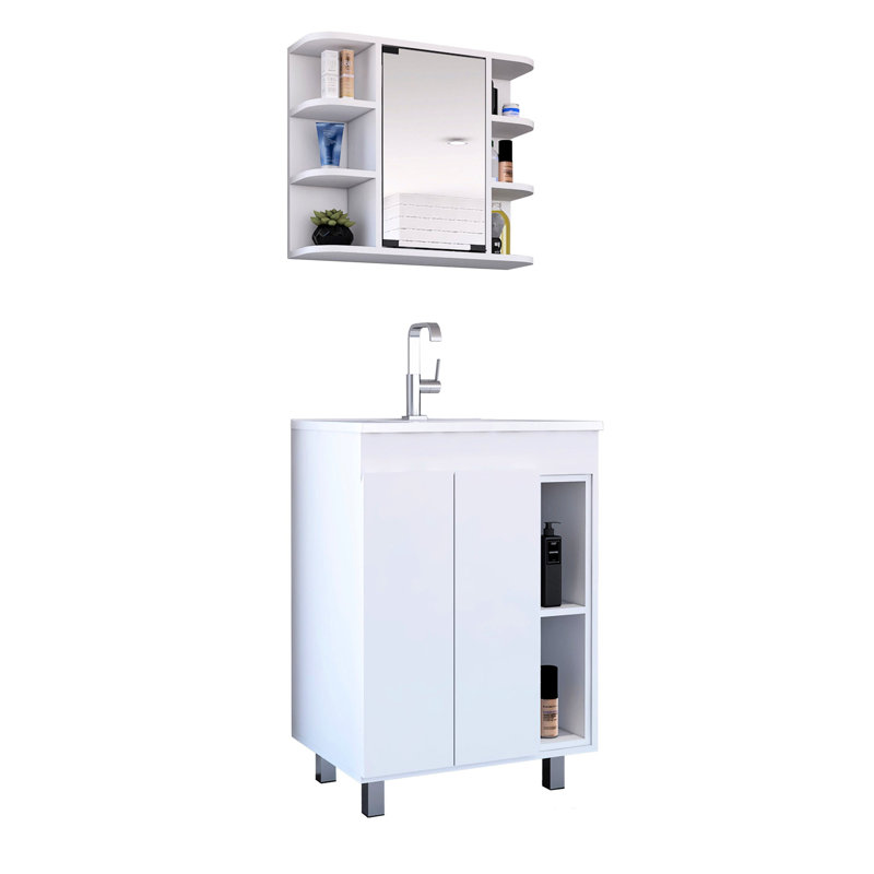 Ensemble de meuble-lavabo 2 pièces en blanc - meuble-lavabo à double porte et miroir, trousse de tablettes pour articles avec espace intérieur adéquat: accessoires de 6,28 po x 5,82 po, salle de bain compacte