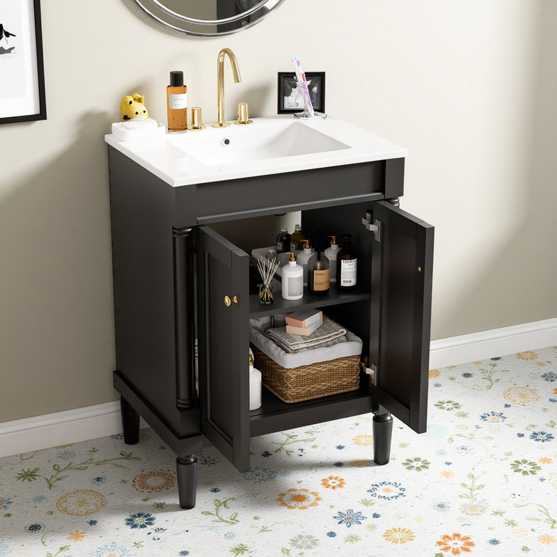 Meuble-lavabo de salle de bain moderne 24 po avec lavabo en céramique 2 niveaux, Noir