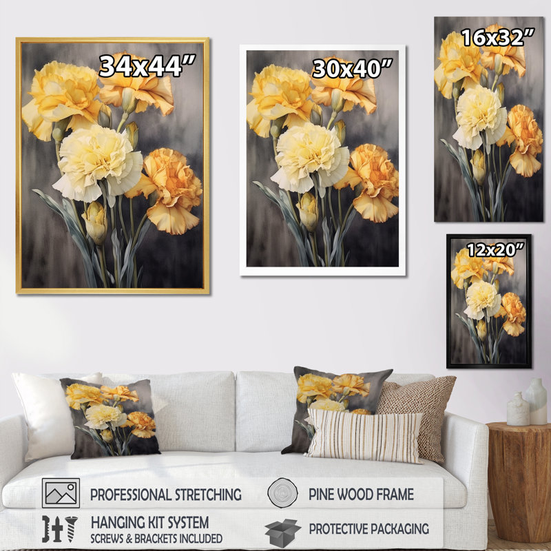 Œillets jaunes - nuance de gris - impressions sur toile, Toile tendue, H 32 po x l 16 po x P 1 po