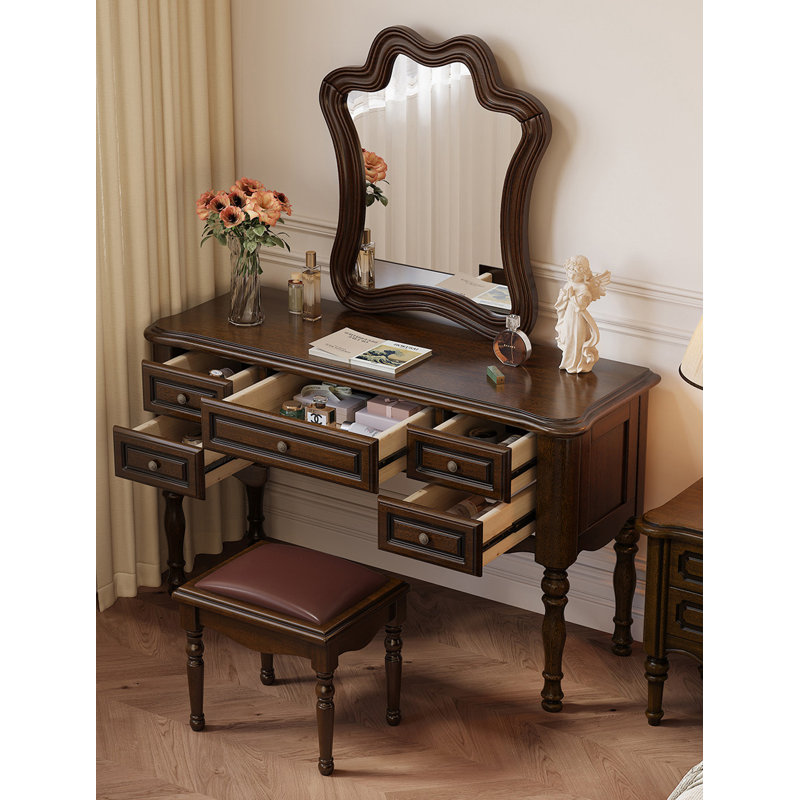 Vintage Solid Wood Vanity Table With Multiple Compartment Drawers Spacious Tabletop And Matching Solid Wood Stool