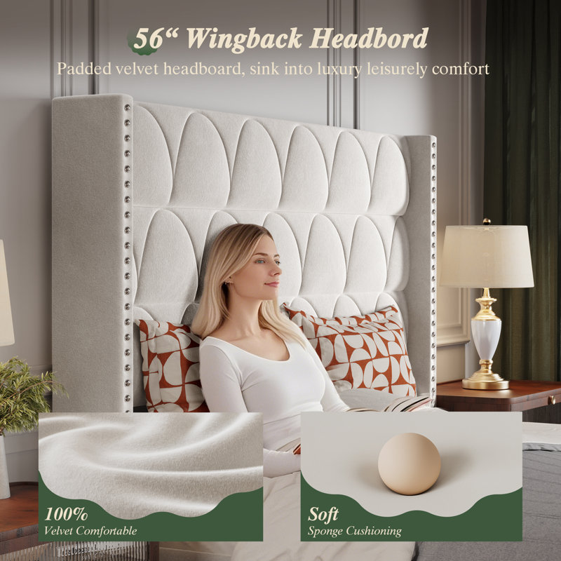 56" High Back Velvet Upholstered Wingback Headboard, Floor-Standing For Adjustable Mattress Heights, Cream, King