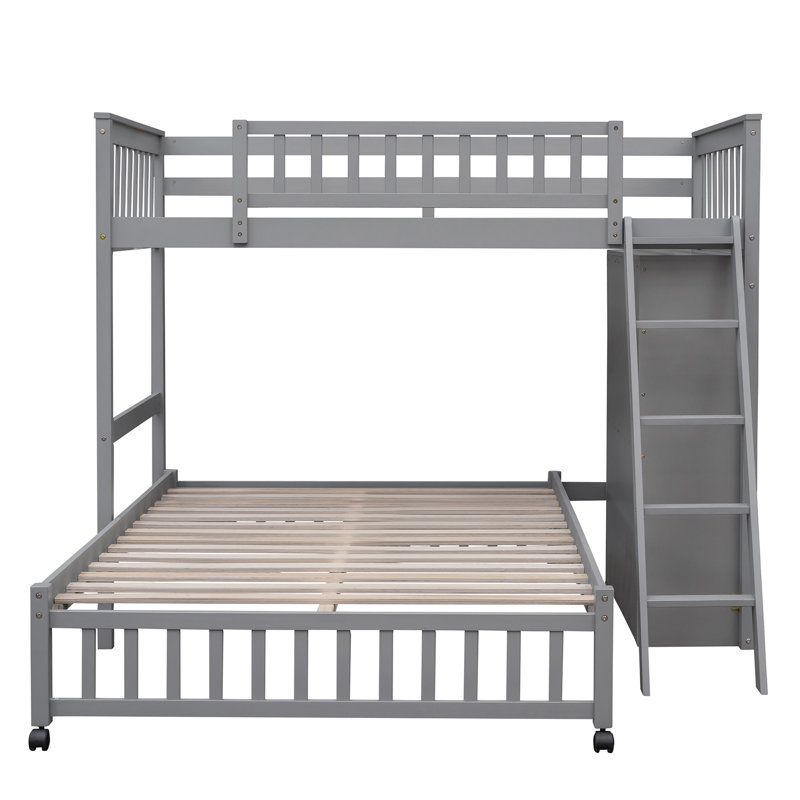 Lit superposé en bois avec 6 tiroirs et tablettes flexibles, lit inférieur avec roulettes, Gris