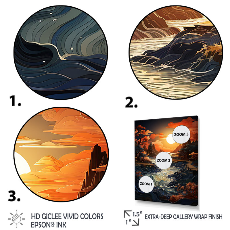 «Burrton Sunset Moonlit Serenity Papercut II», reproduction sur toile, H 40 po x l 30 po x P 1,5 po, Cadre flottant noir