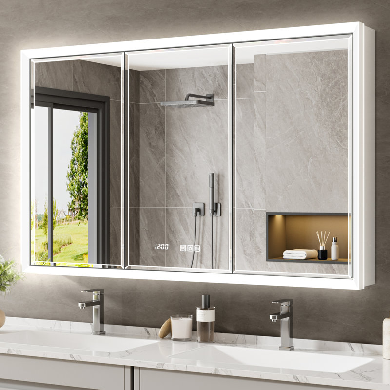 LED Medicine Cabinet with Beveled Defogger Mirror, Surface/Recessed Mount, Dimmable Lights USB Power Outlet, Clock & Sensor Light