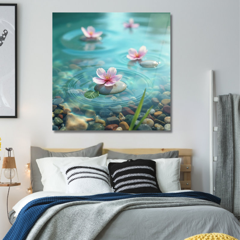 Art mural en verre trempé fleur rose, H 20 po x l 20 po