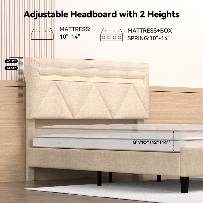 King Bed Frame with Charging Station & LED Lights,Noise Free,Beige, King