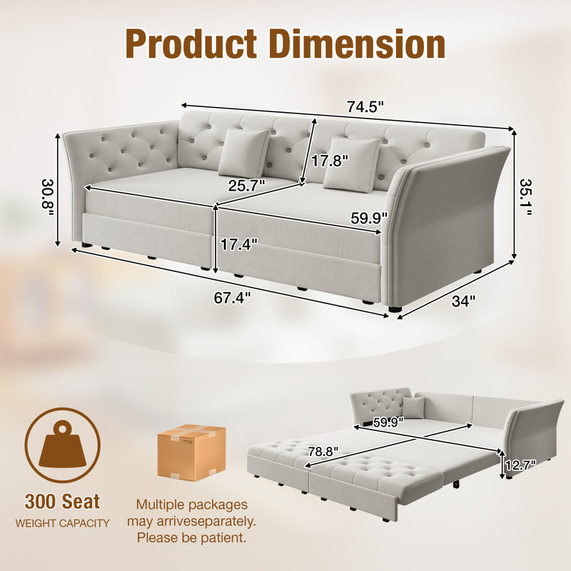 Canapé-lit convertible de 74,5 po en velours 2 en 1 avec housse de canapé et canapé capitonné, Grey Velvet, Queen Size