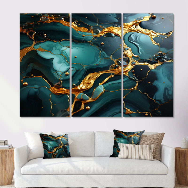 «Green and Gold Topaz Agate Granite II», reproduction d'art murale abstraite, Toile tendue, H 32 po x l 48 po x P 1 po
