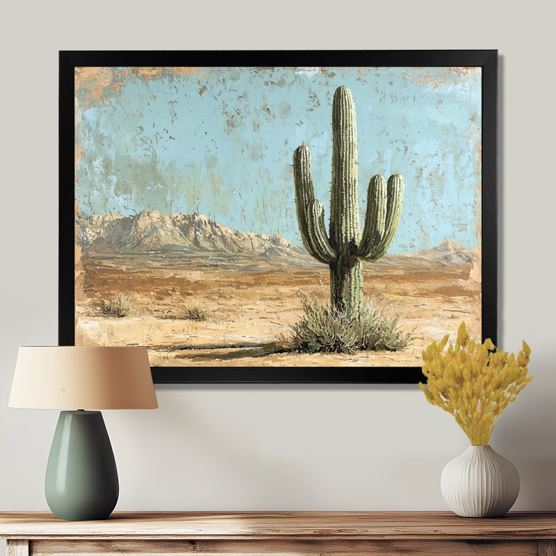 Cactus dans le désert I - art mural cactus, Cadre simple, Noir, H 24 po x l 32 po