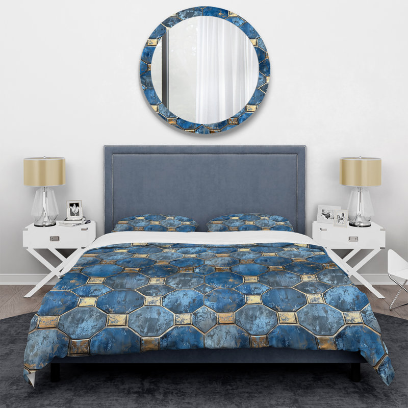 Ensemble de housse de couette transitionnelle Sky Blue Gold Octagon, Housse de couette pour grand lit et 2 taies décor