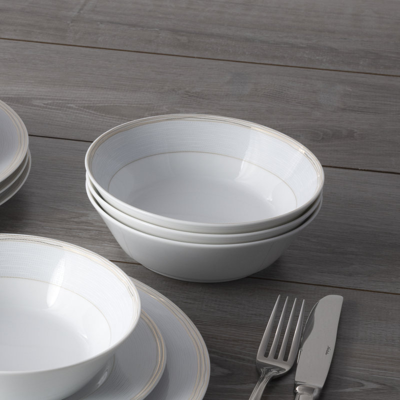 White Ceramic Soup Bowls with Gold Trim, Set of Four