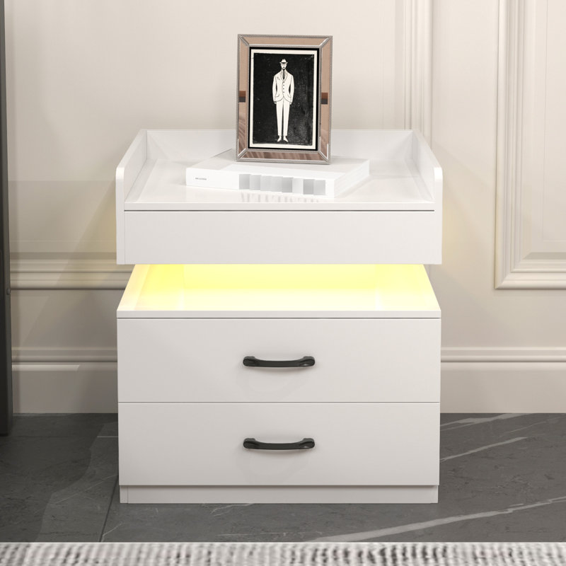 Table de chevet blanche avec bande à DEL, 2 tiroirs de rangement, idéale pour la chambre à coucher, le salon, l'éclairage de bureau réglable, 2 fonctionnels