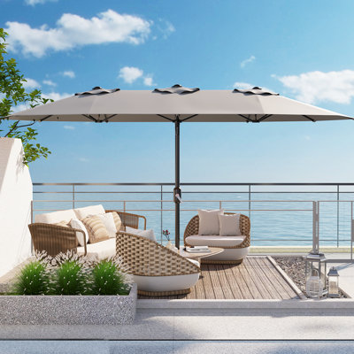 Parasol de patio extérieur 13 pi avec double auvent, poteau en aluminium robuste et nervures en fibre de verre, parasol de marché à protection UV pour jardin, terrasse, bord de piscine, gris