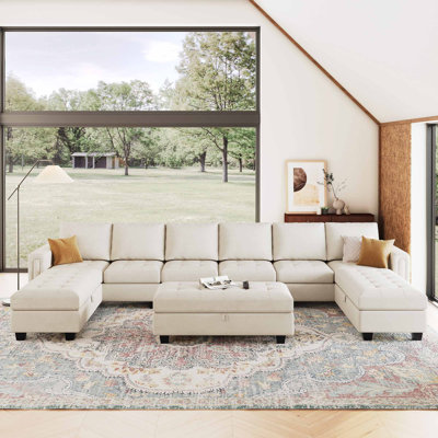 Shavera 7 - Piece Oversized 154.2'' Wide U Shaped L Shaped Velvet Sectional Sofa Living Room Couch Modular Sofa with Storage Ottomans
