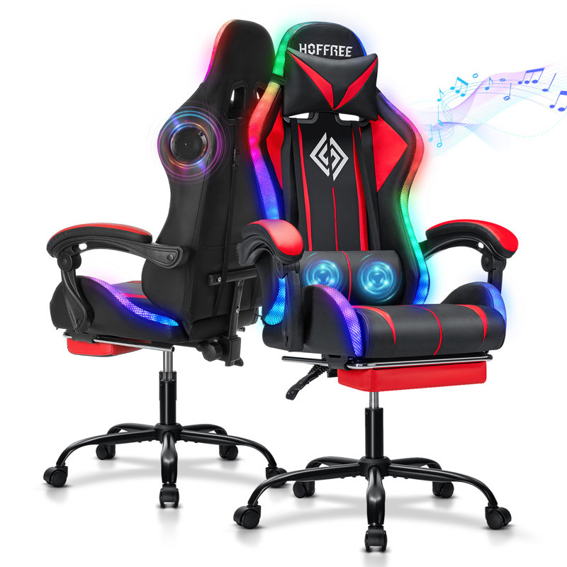 Hoffree LED Ergonomic Gaming Chair with Bluetooth Speakers and Vibration Lumbar Pillow, Red/Black