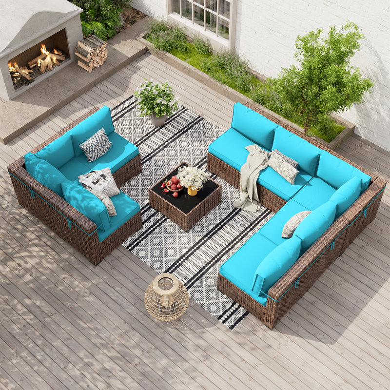 Dinyu Wicker 8 - Person Modular Patio Conversation Sets with Cushions, Sky Blue