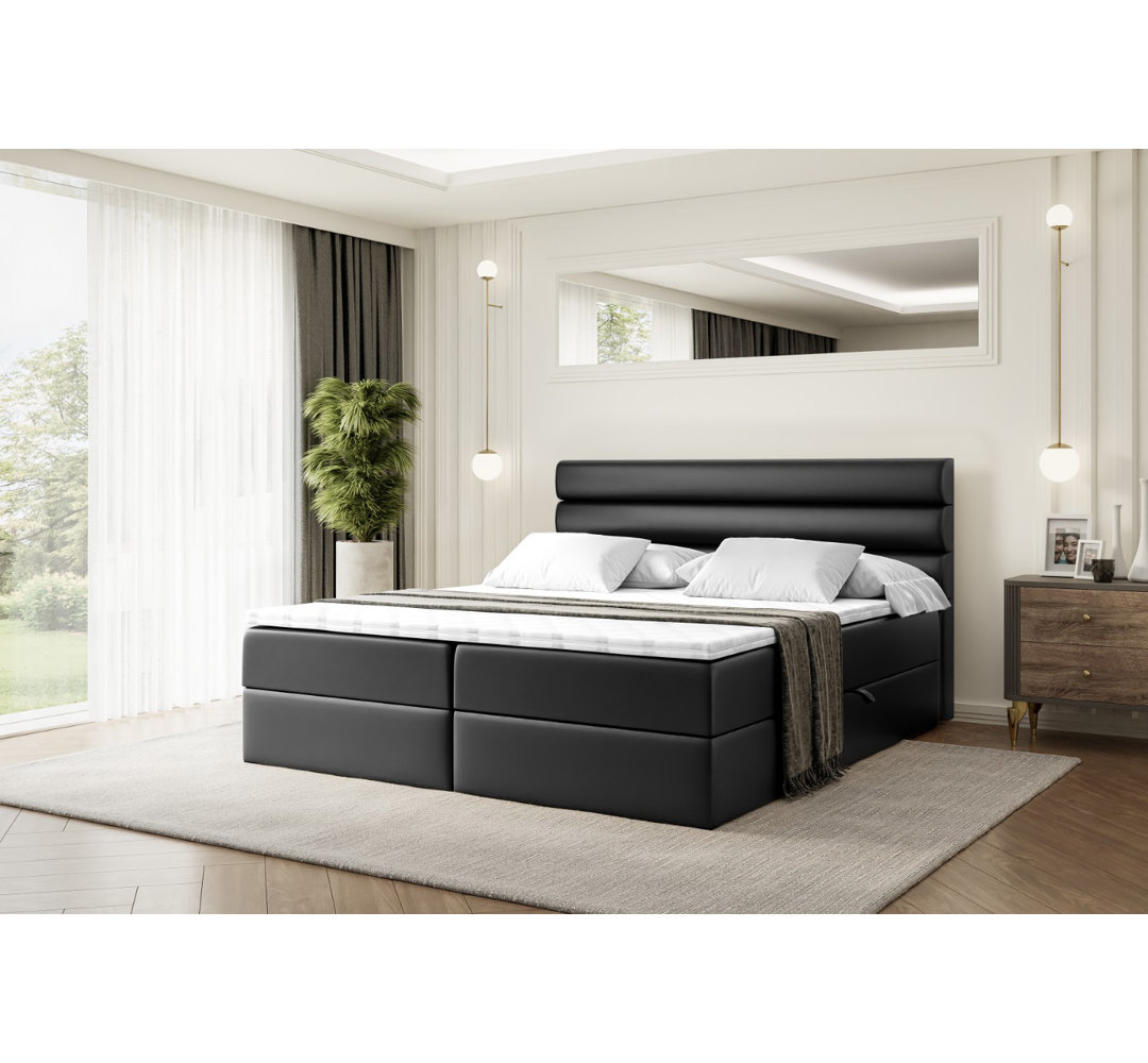 Boxspringbett Antelmo in Kunstlederoptik mit H4 Multipocket-Matratze, Bettkasten und Topper