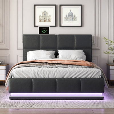 Tufted Upholstered Platform Bed With Hydraulic Storage System,Queen Size PU Storage Bed With LED Lights And USB Charger -  STYLISH, OKKK612-HL000036AAB