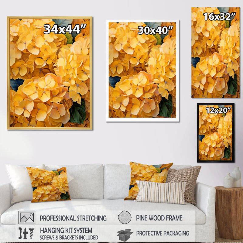 Linzie Yellow Hydrangea Golden Radiance, reproduction sur toile encadrée, Cadre flottant doré, H 32 po x l 24 po x P 1 po