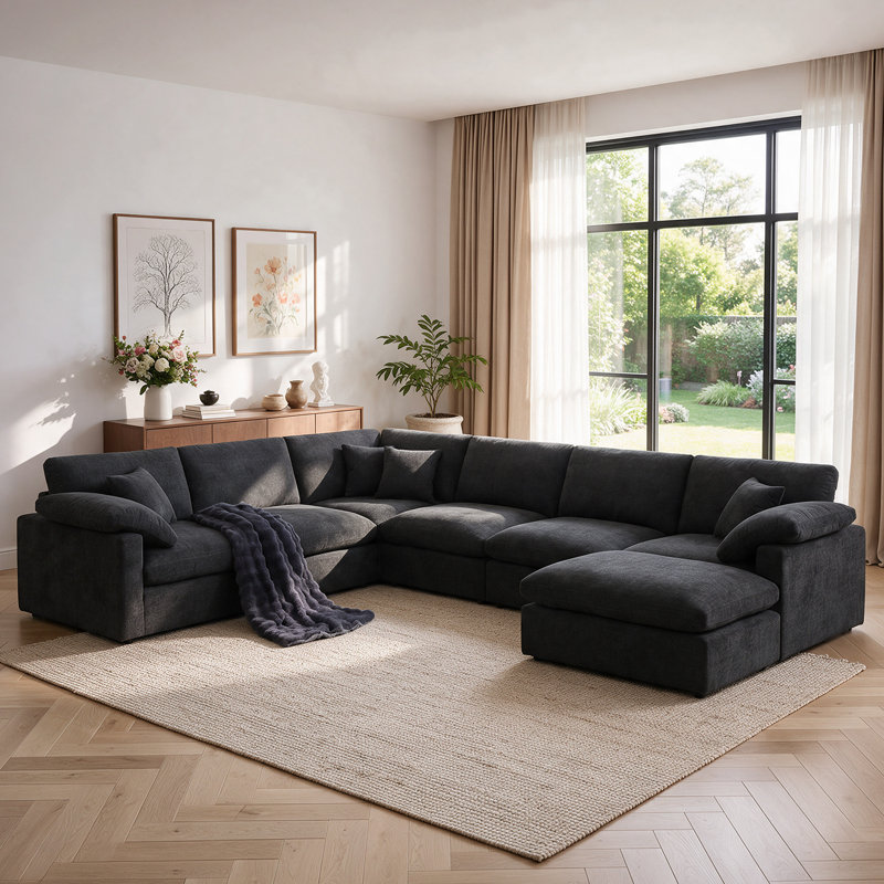 Canapé d'angle sectionnel en chenille de 366 cm (144 po) - 7 pièces - Canapé modulaire réversible surdimensionné et confortable avec pouf amovible rembourré