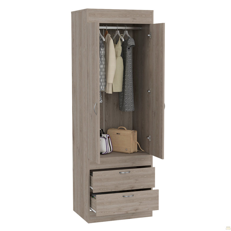 Double Door Cabinet, Two Drawers, Metal Handles, Rod, Light Gray
