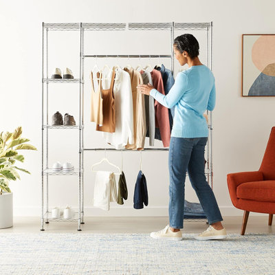 Expandable Adjustable Metal Hanging Closet Organizer – Wardrobe Rack With Shelves For Clothes And Accessories