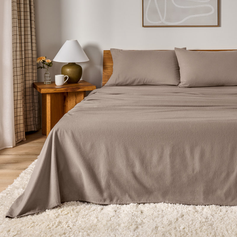 100% Cotton Flannel Sheet Set, Taupe, Split King Sheet Set with 2 Pillowcases
