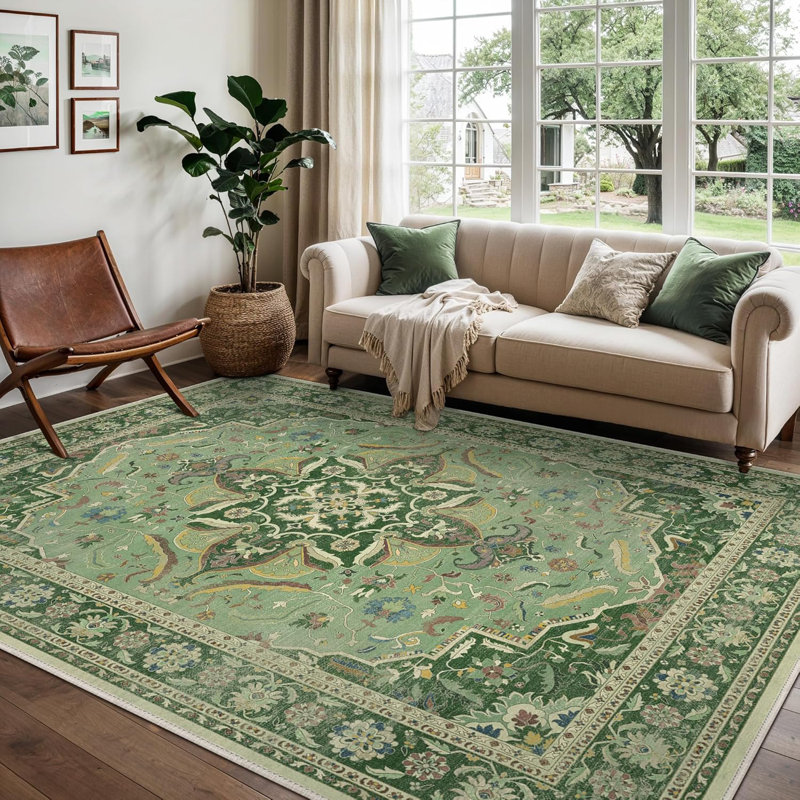 Tapis oriental vert intérieur / extérieur Jalen, Rectangulaire 8 pi x 10 pi