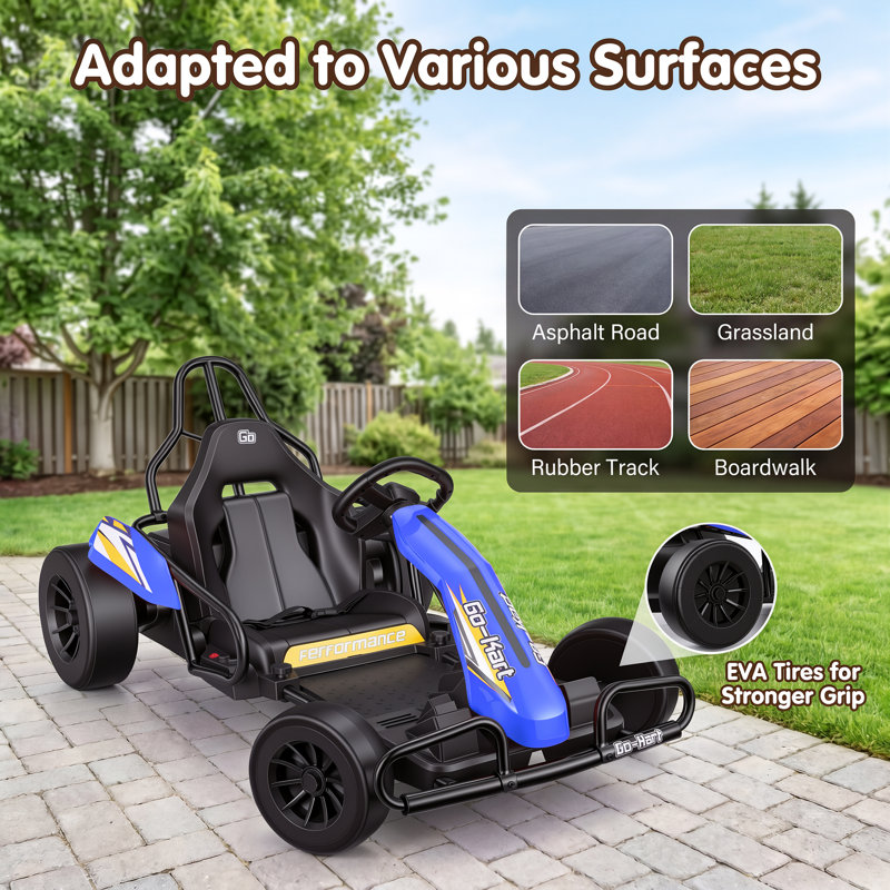 Karting à batterie haute capacité 24 V 10 Ah pour enfants de 6 à 10 ans, jouet à chevaucher avec moteurs de 600 W, Bleu