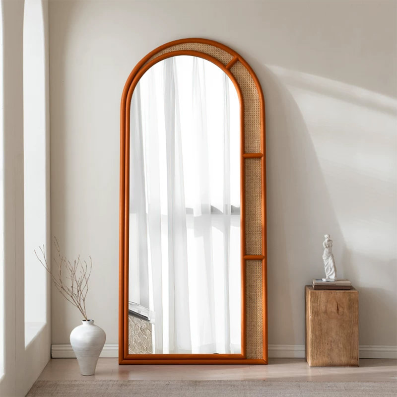 Demi-cercle en bois massif + miroirs pleine longueur en rotin, 74.8" H x 31.5" W