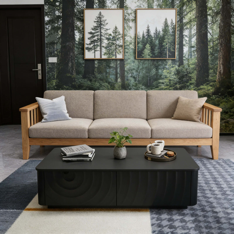 Table basse moderne noire avec tiroirs texturés et rangement caché - Table de salon minimaliste, Noir