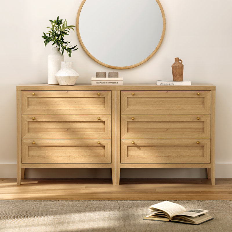 Farmhouse 3 Drawer Dresser,Wide Chest Of Drawers,Three Drawer Nightstand, Natural Oak, 2