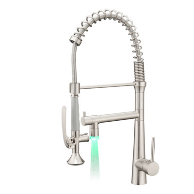 Single Handle Pre-Rinse Spring Kitchen Sink Faucet In Brushed Nickel, Heavy Duty Commercial Style Pull Down With Pre-Rinse, 2 Function Spout Nickel