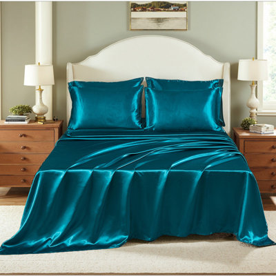 Satin Comforter Set with Sheet Set King 8 Pcs Silk Like Peacock Green Bedding Set Luxury Silky Comforter Set with 1 Cushion Cover