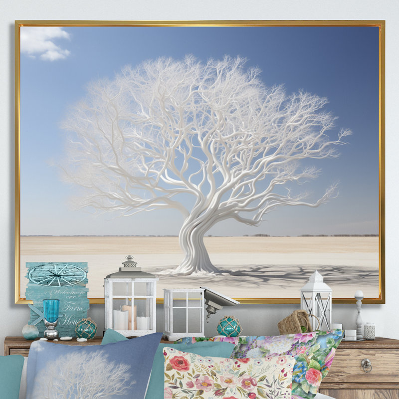 " Gray And White Winter Tree ", 12" H x 20" W x 1" D, Gold Floater Framed