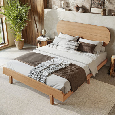 Queen Size Solid Bamboo Platform Bed With Round Shape Headboard, No Box Spring Needed, Minimalist Design, Natural Finish