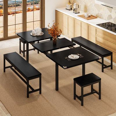 5-Piece Dining Table Set for 4-8 People, Extendable Kitchen Table Set with 2 Benches and 2 Square Stools, Black